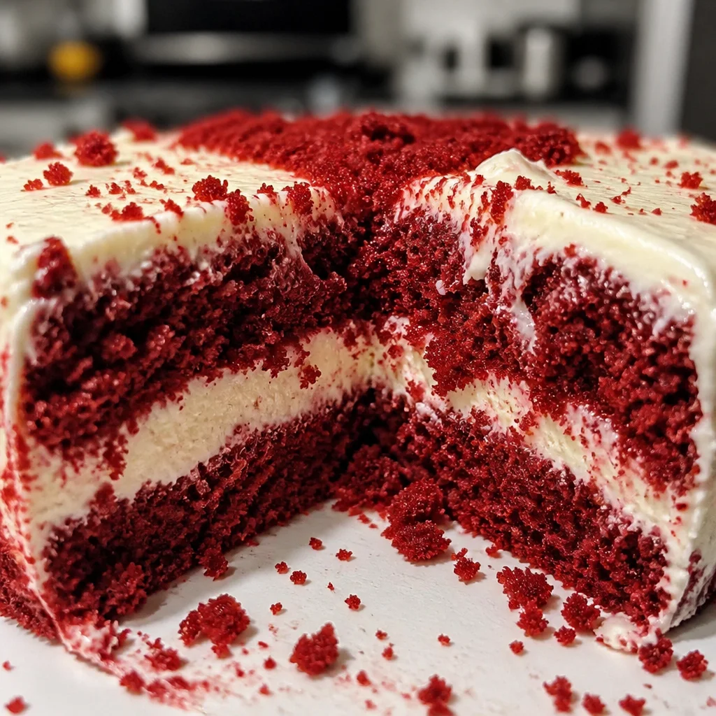 Delicious Easy Red Velvet Cheesecake Cake with cream cheese frosting and layers of cheesecake.