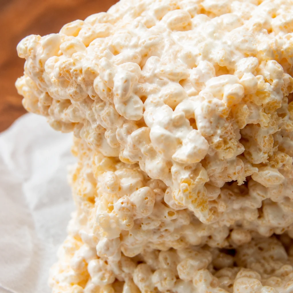 Homemade Easy Rice Krispie Treats with gooey marshmallows and crispy cereal.