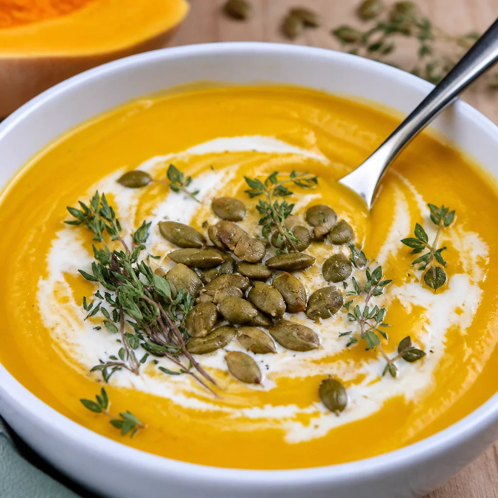 Creamy Easy Roasted Butternut Squash Soup made in the blender for a quick meal.