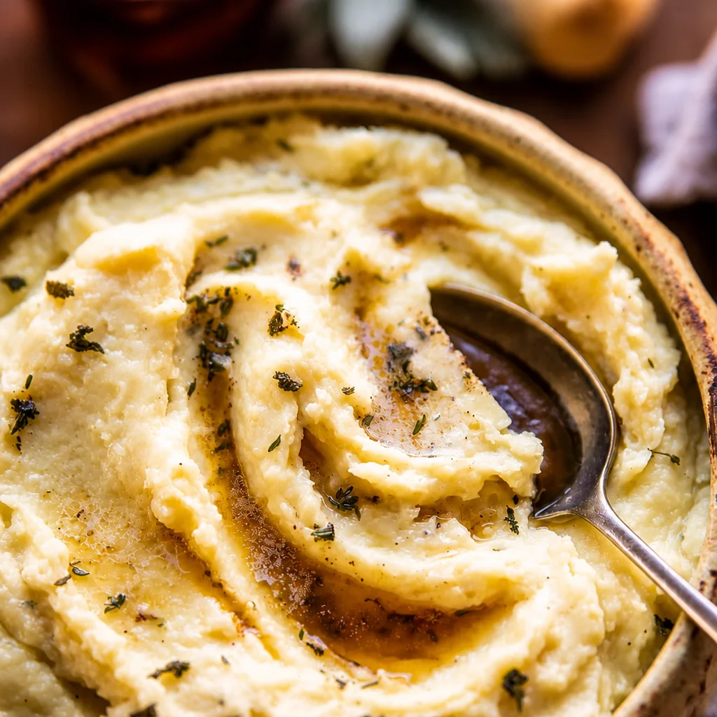 Creamy roasted garlic mashed potatoes served in a bowl with herbs.