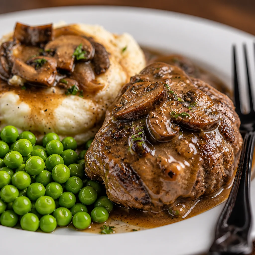 Delicious Easy Salisbury Steak with Mushroom Gravy served on a plate