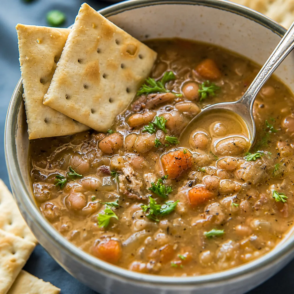 Bowl of Easy Senate Bean Soup with navy beans, ham, and vegetables.