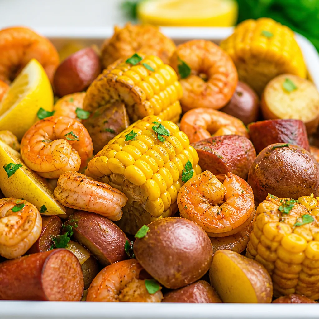 Easy Sheet Pan Shrimp Boil with Old Bay Butter, corn, potatoes, and sausage on a baking sheet.