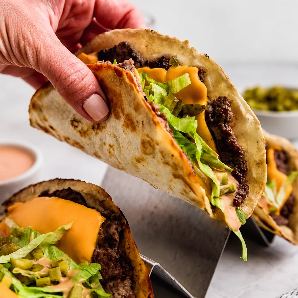 Crispy Easy Smash Burger Tacos filled with beef, cheese, and special sauce from a viral TikTok recipe.