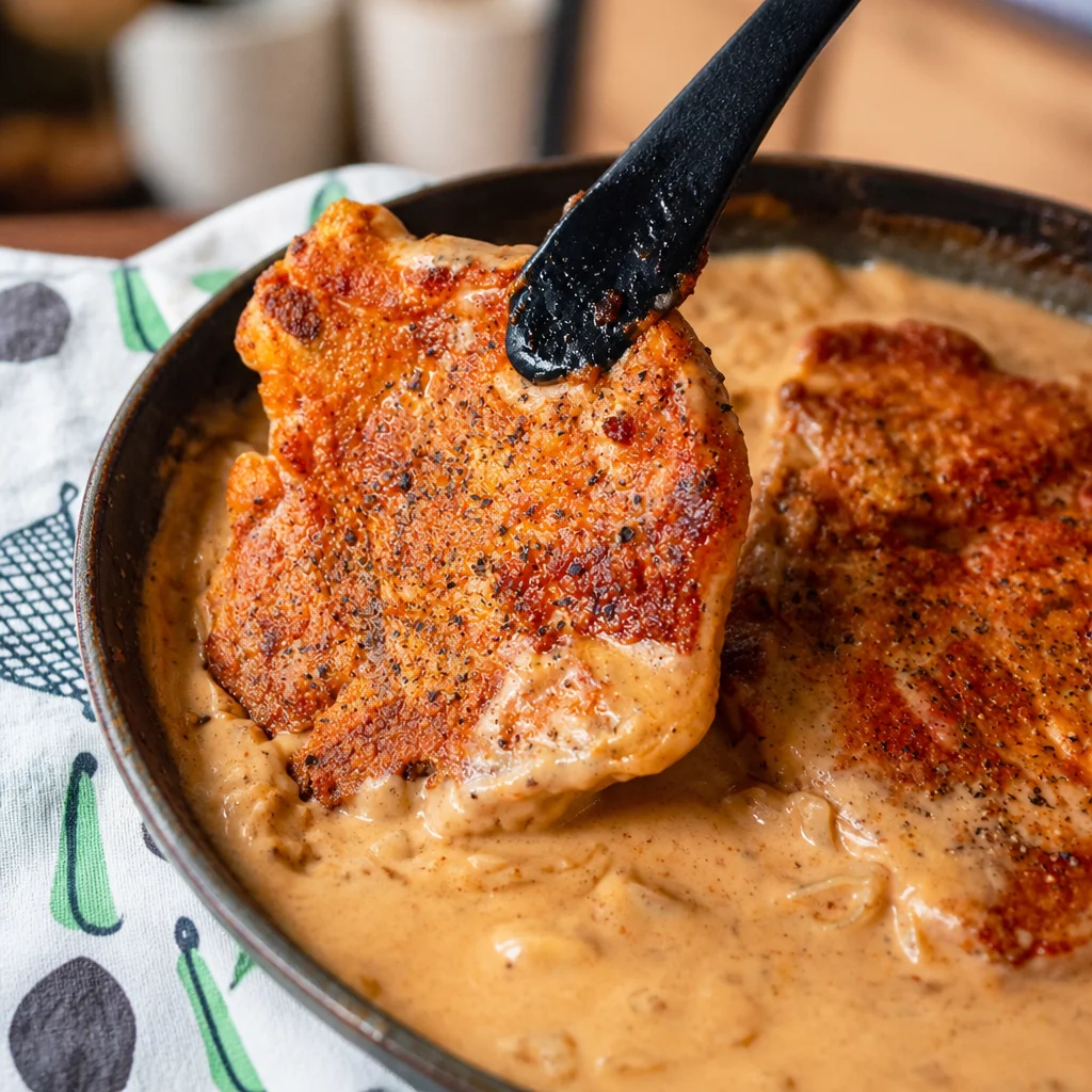 Easy Smothered Pork Chops with Southern Onion Gravy served in a skillet.