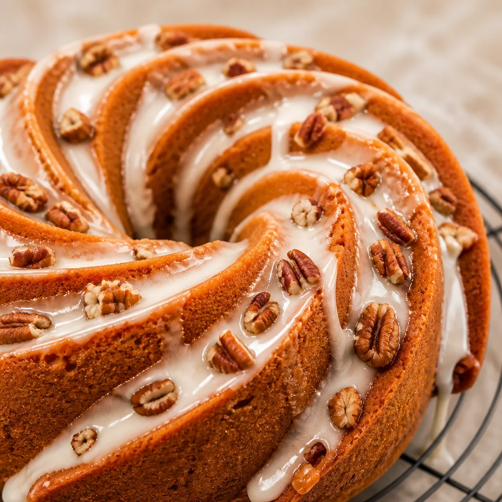 Delicious Easy Sock It To Me Cake with cinnamon-pecan swirl and vanilla glaze