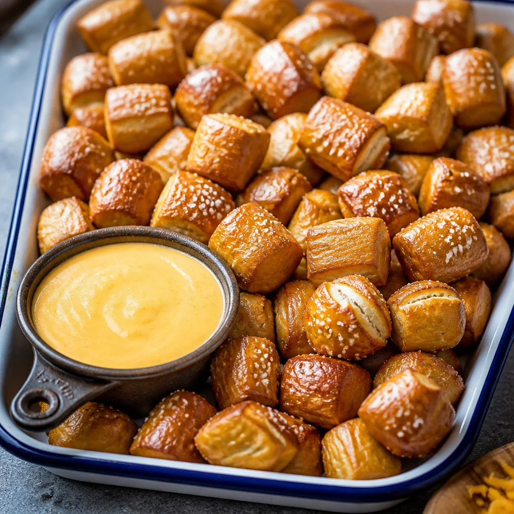 Buttery homemade soft pretzel bites fresh out of the oven, golden brown and delicious.