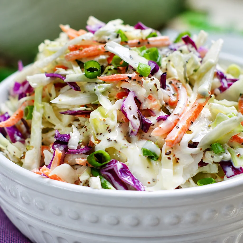 Bowl of Easy Southern Coleslaw topped with green onions and carrots, perfect for BBQs.