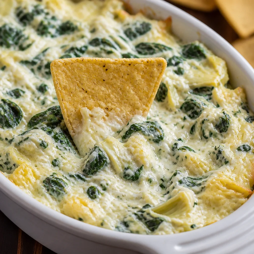 Creamy Easy Spinach Artichoke Dip served warm with toppings for a party appetizer.