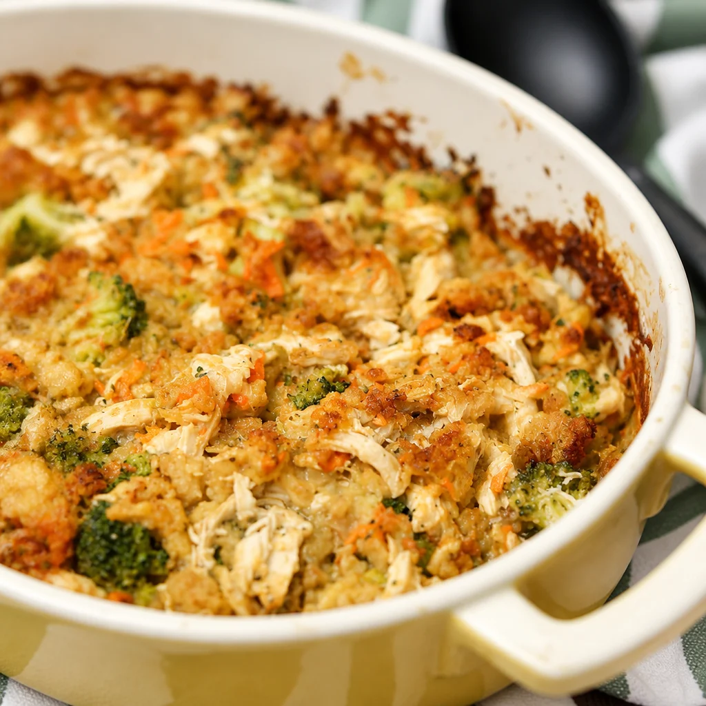 Easy Stove Top Stuffing Chicken Casserole topped with delicious stuffing and creamy gravy.