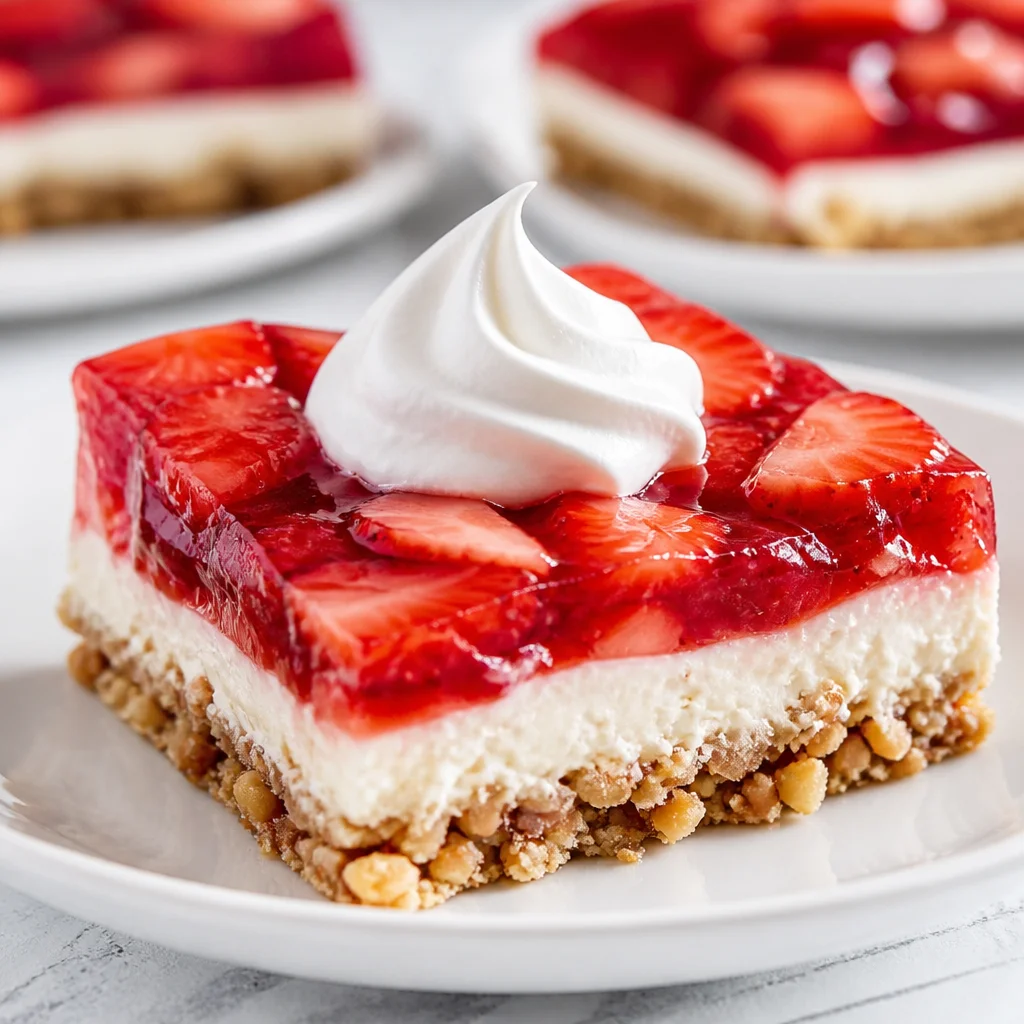Delicious Easy Strawberry Pretzel Salad with pretzel crust, creamy layer, and strawberry topping.