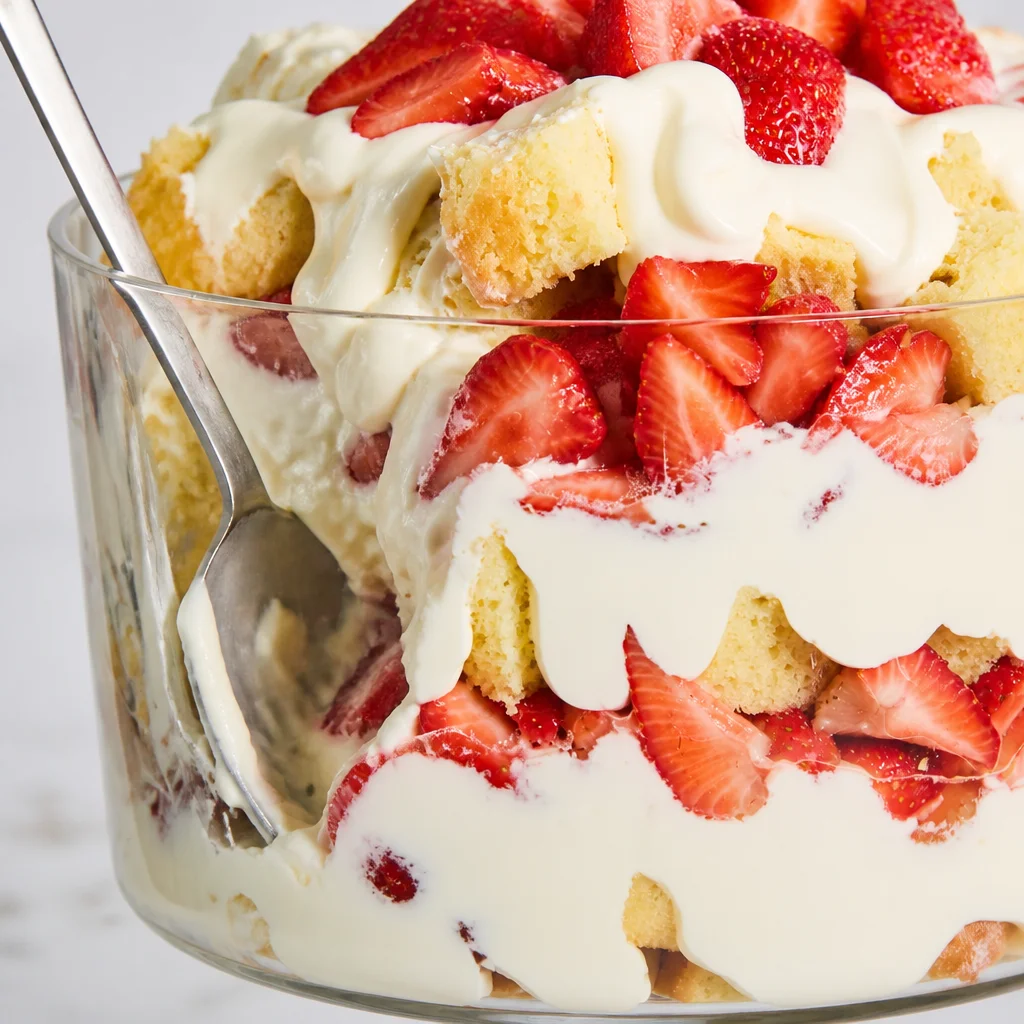 Delicious Easy Strawberry Shortcake Trifle with layers of strawberries and cream