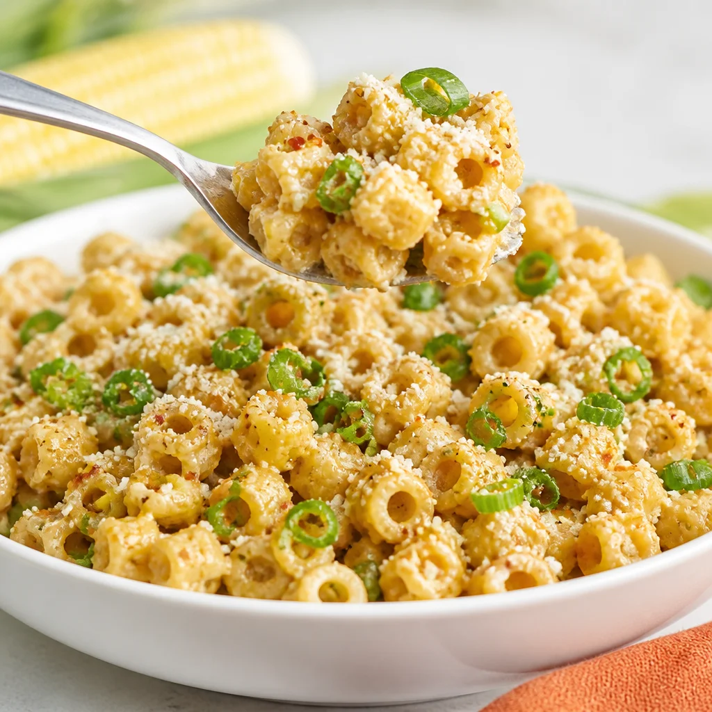 Easy Street Corn Pasta Salad featuring creamy dressing, smoky corn, and cotija cheese.