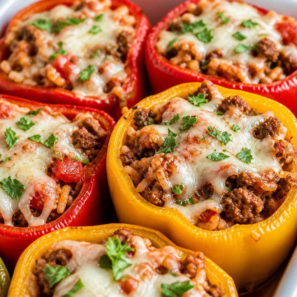 Easy Stuffed Bell Peppers with Ground Beef, Rice, and Cheese, Baked to Perfection