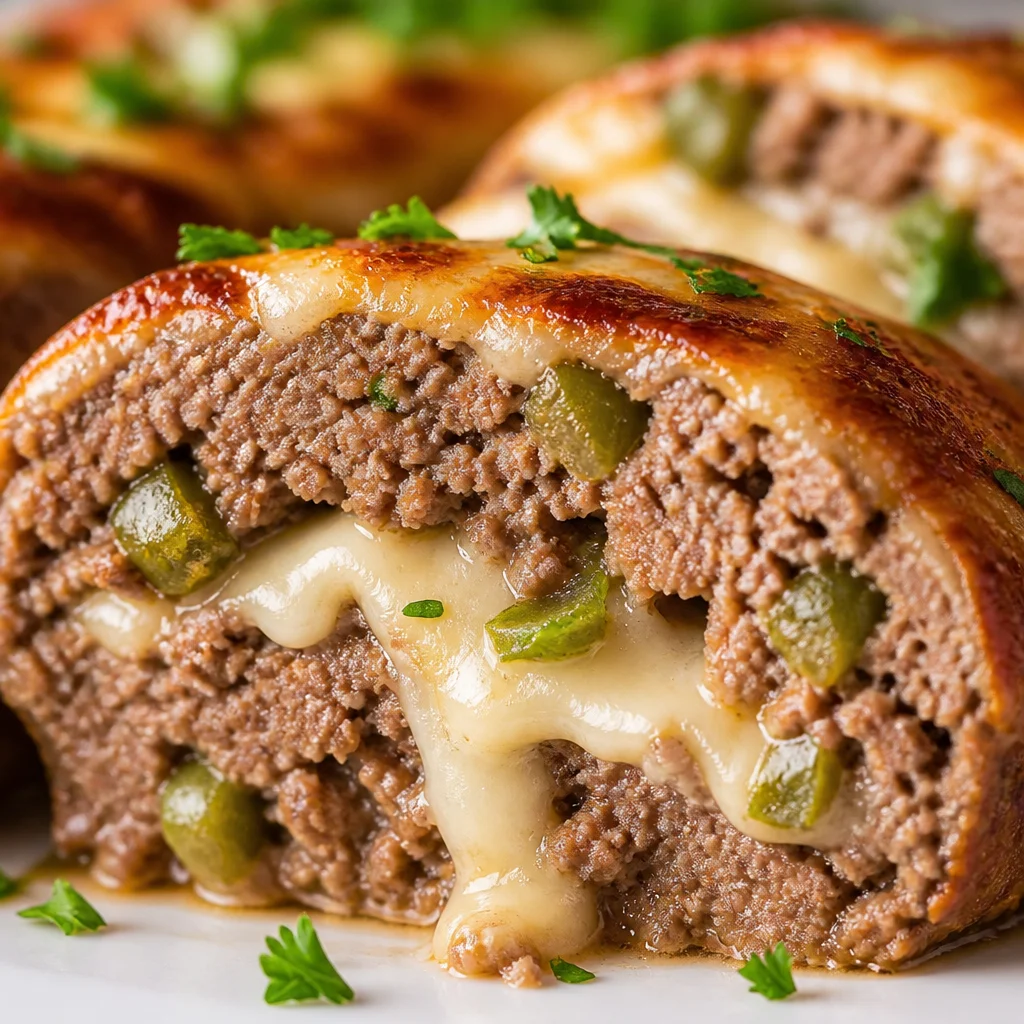 Delicious Easy Stuffed Meatloaf filled with cheese and roasted peppers on a plate.