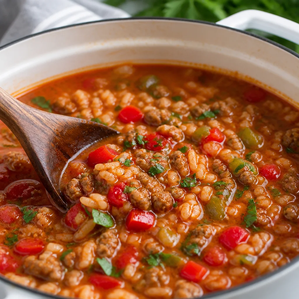 Bowl of Easy Stuffed Pepper Soup with Ground Beef, Rice, and Bell Peppers in Tomato Broth