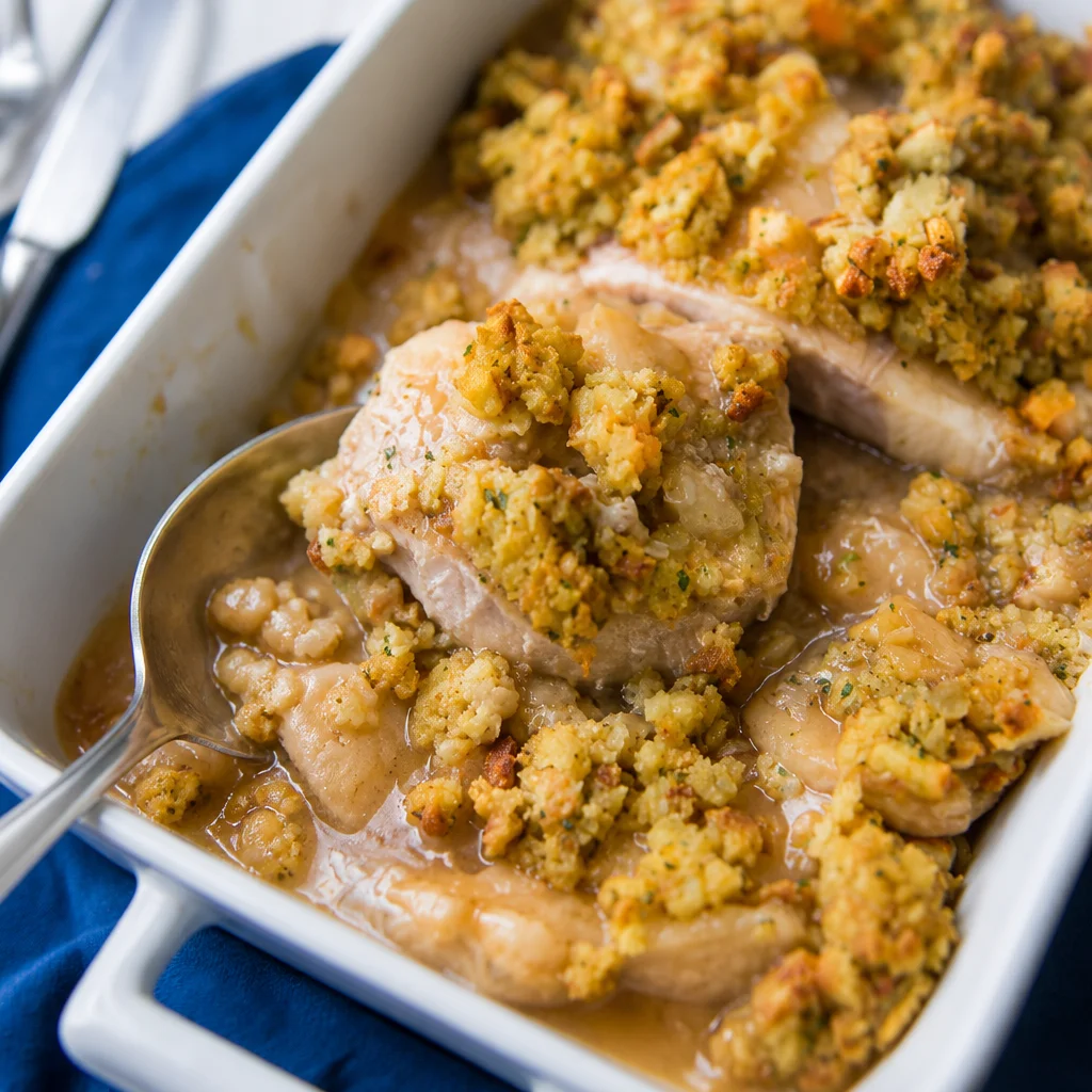 Easy Stuffed Pork Chops with apple and stuffing baked to perfection.