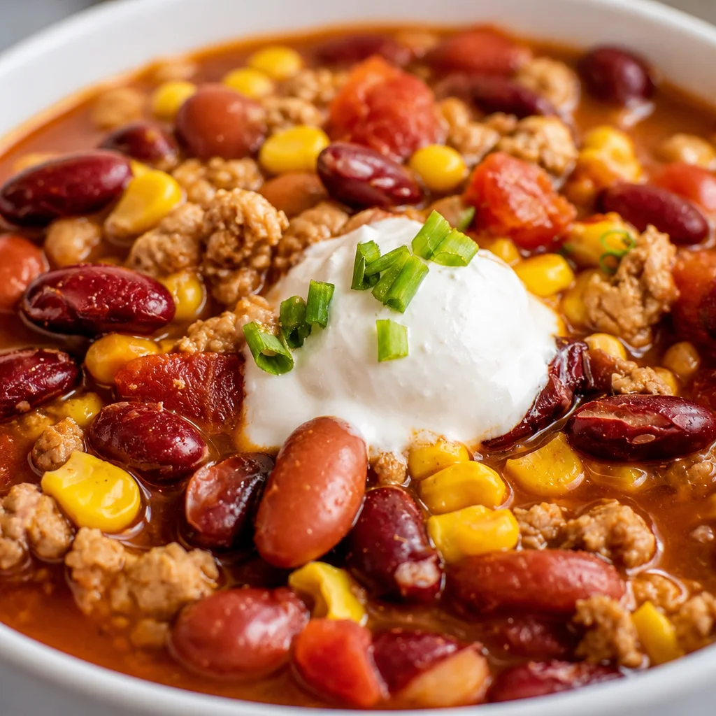 Bowl of Easy Taco Soup made with beef, beans, and vegetables, served with toppings.
