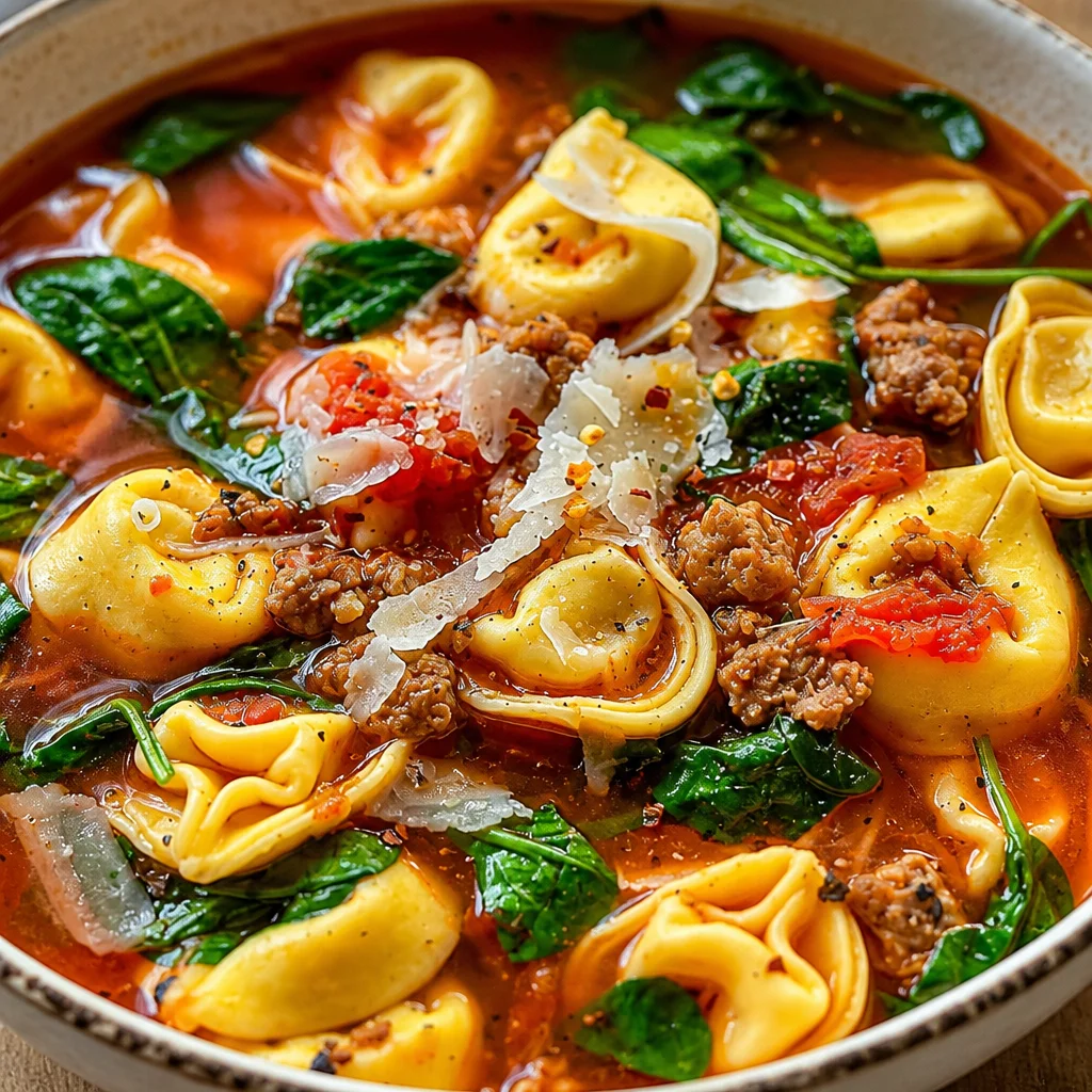 Hearty Easy Tortellini Soup with Sausage, Spinach, and Tomato Broth
