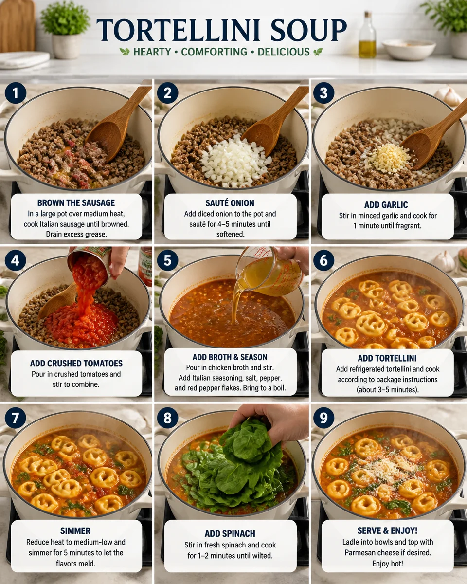 Easy Tortellini Soup — Sausage Spinach Tomato Broth