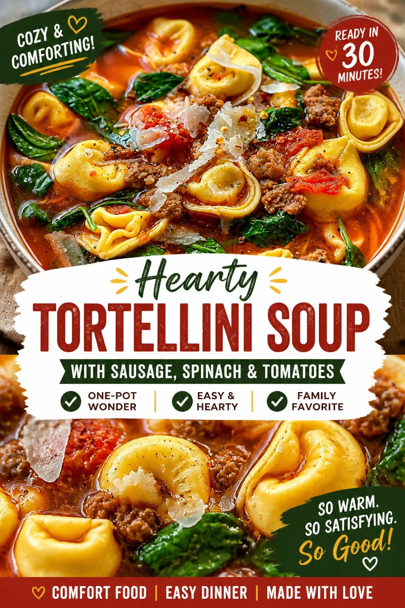 Easy Tortellini Soup — Sausage Spinach Tomato Broth