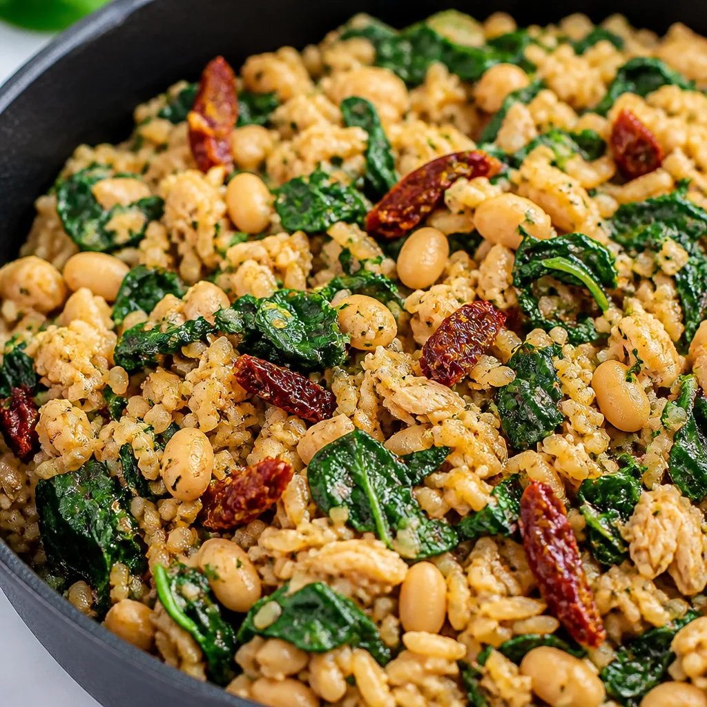 Easy Tuscan White Bean Chicken Skillet served with fresh herbs and cannellini beans.