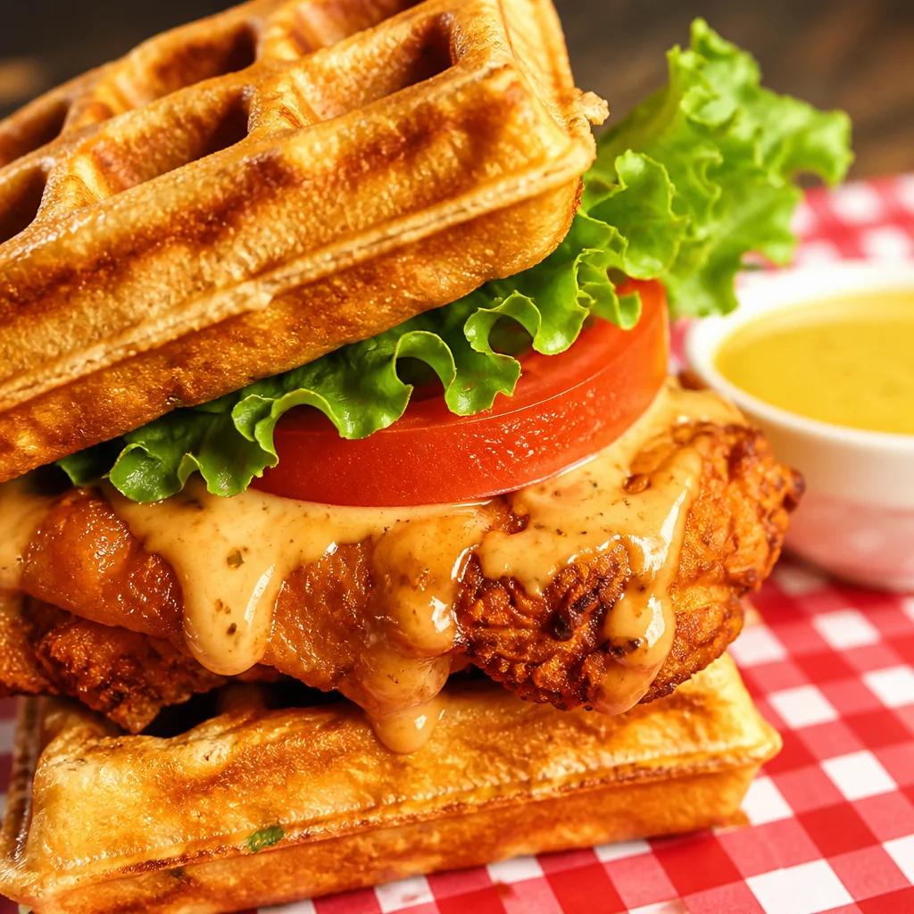 Delicious Easy Waffle Sandwich featuring crispy chicken and fluffy waffles for breakfast.