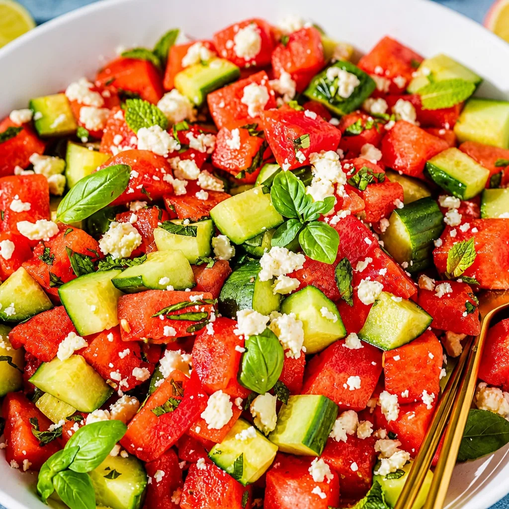 Easy Watermelon Salad with Feta and Mint, a refreshing summer side dish.