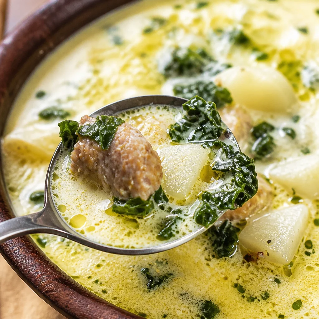 Delicious Easy Zuppa Toscana soup with sausage, potatoes, kale, and creamy broth.