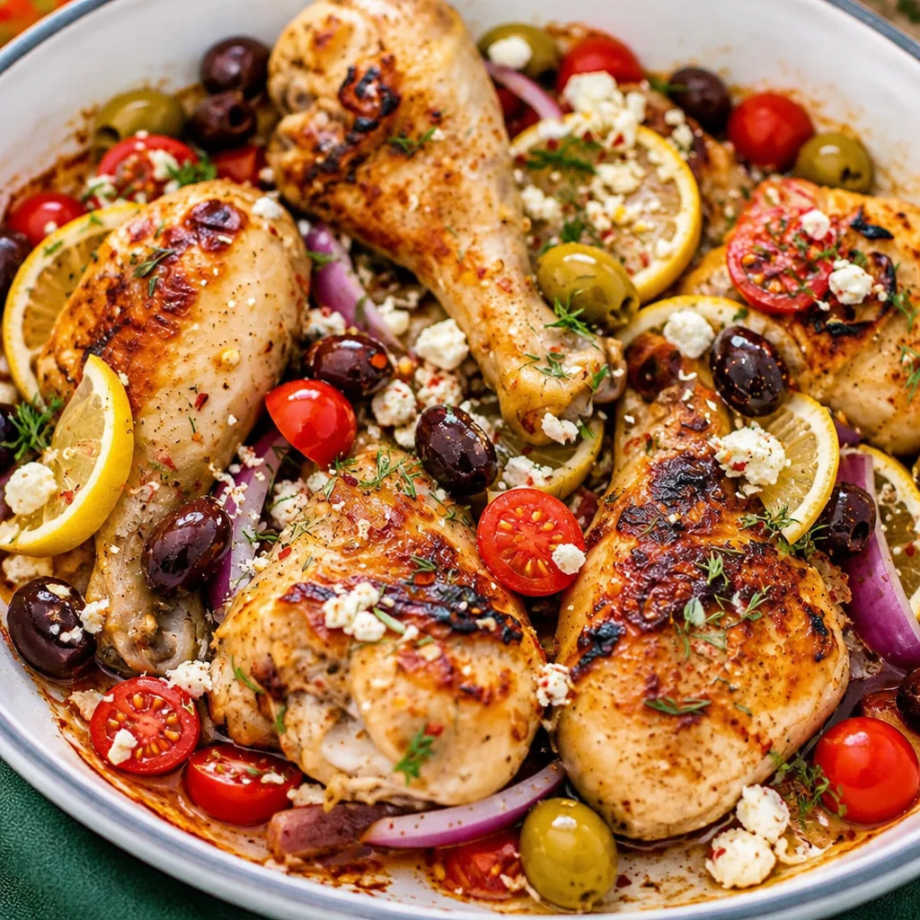 Juicy Greek Chicken Drumsticks marinated in garlic and lemon, baked to perfection.