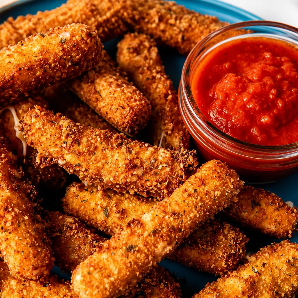 Homemade mozzarella sticks fried to golden perfection with gooey melted cheese inside