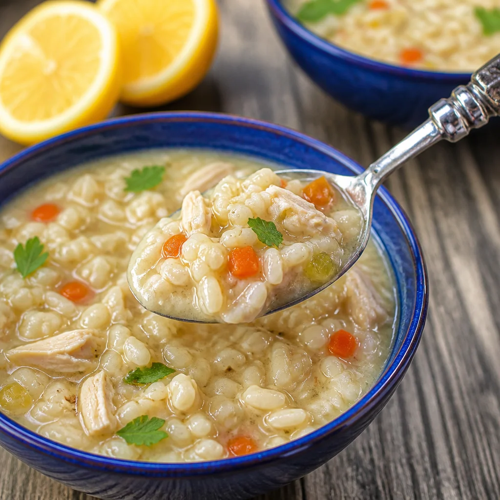 A bowl of Mediterranean Lemon Chicken Soup garnished with lemon and fresh herbs.