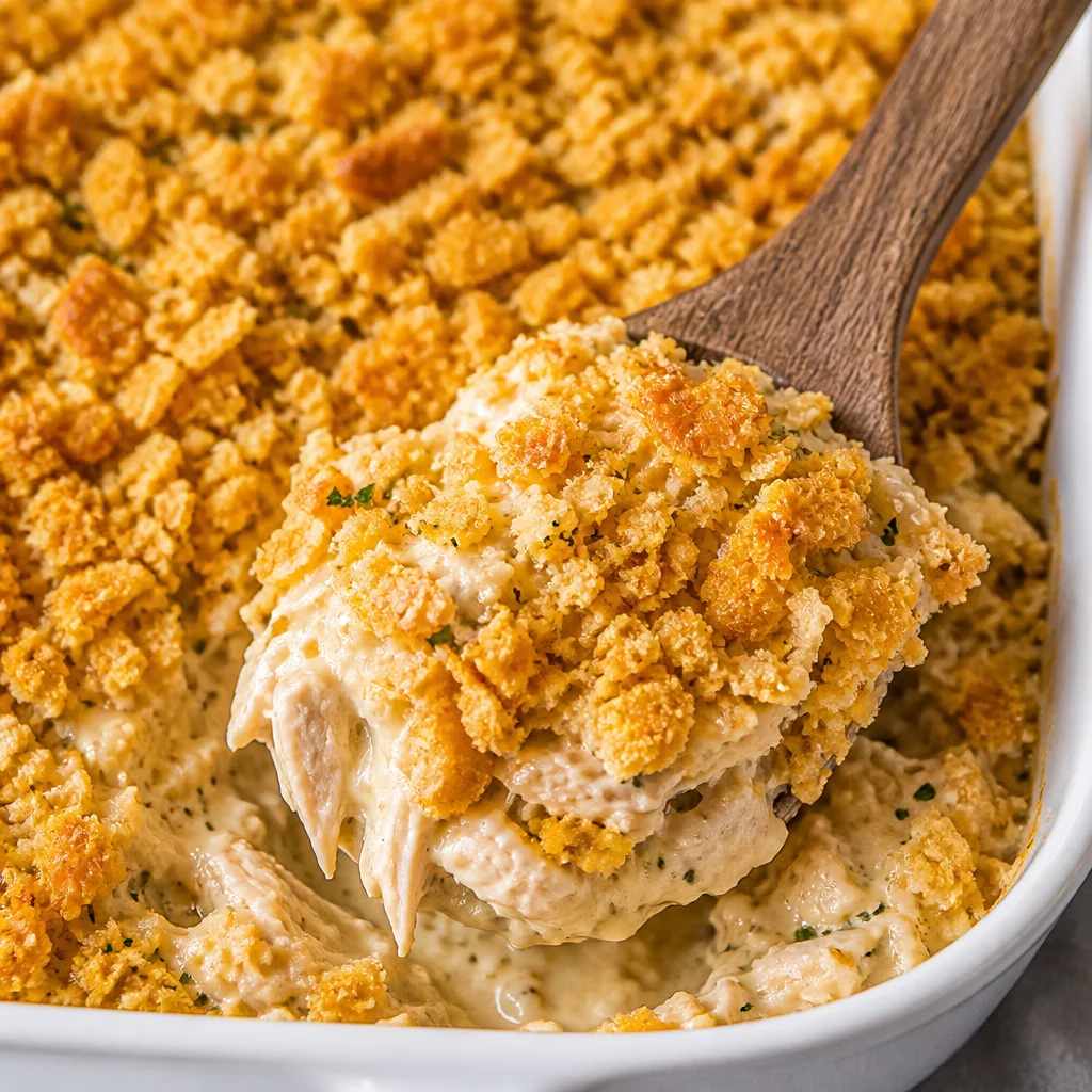 Creamy Million Dollar Chicken Casserole topped with buttery cracker crumbs.