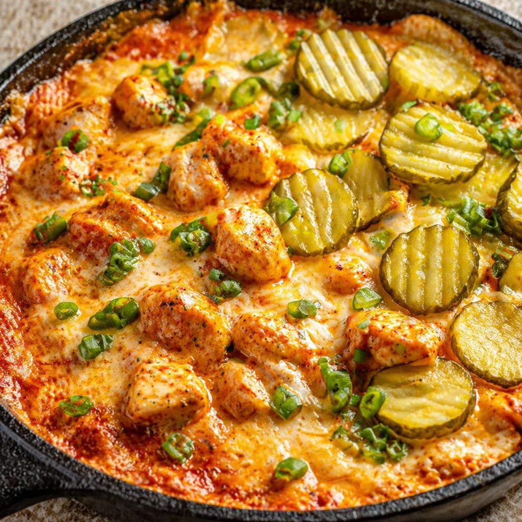 Spicy Nashville Hot Chicken Dip served in a bowl with toppings for a party appetizer.