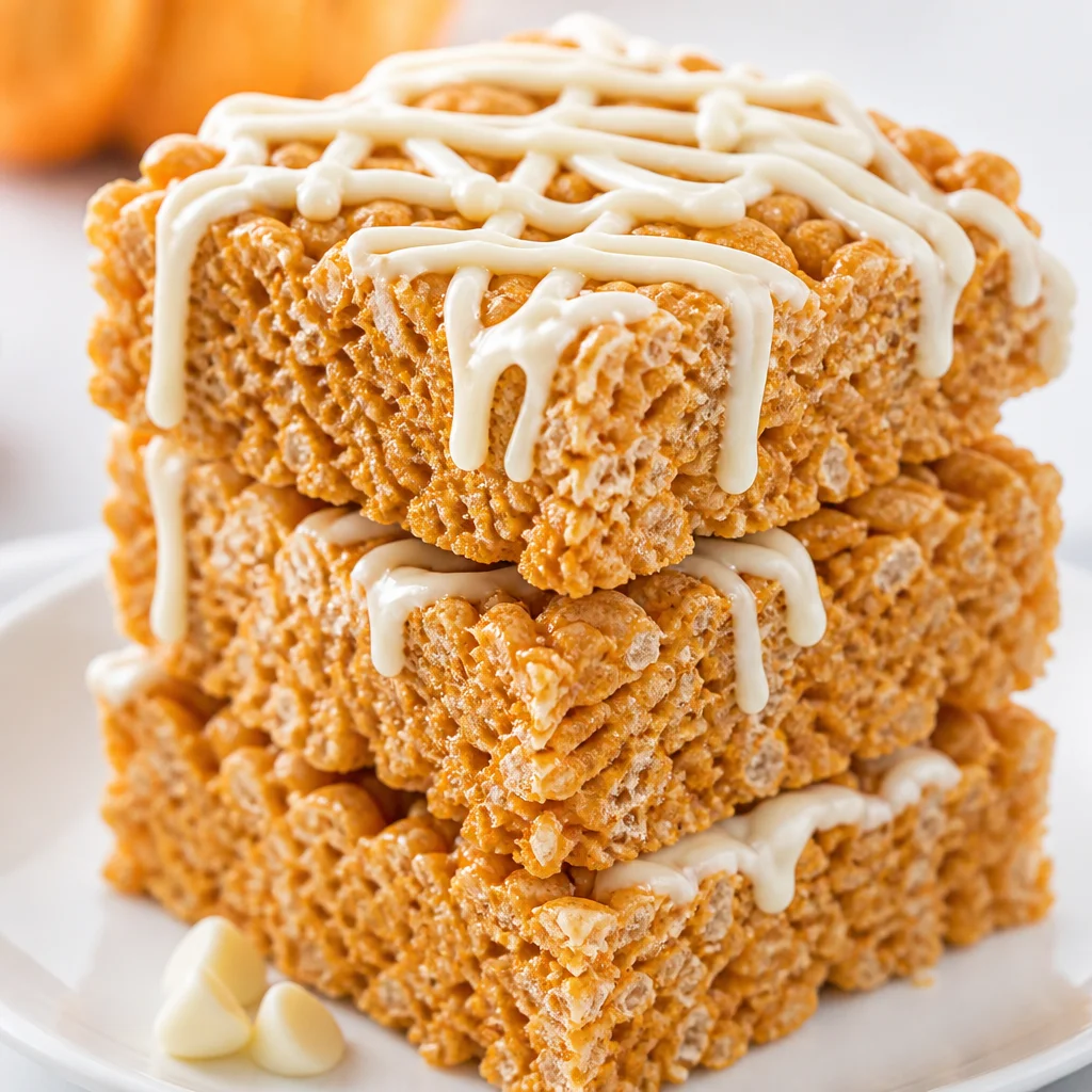 Delicious Pumpkin Spice Rice Krispie Treats drizzled with white chocolate and topped with spices.