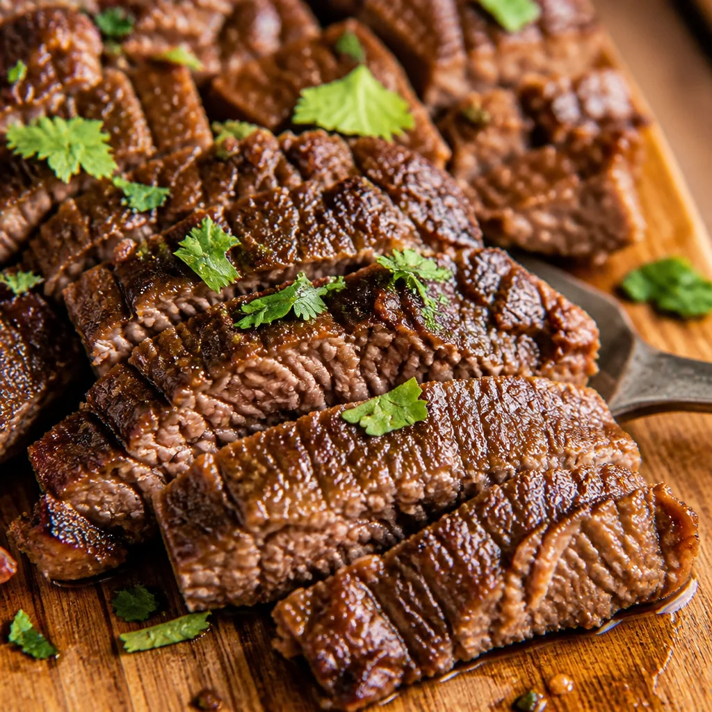 Ultra tender slow cooker flank steak dish ready to serve for dinner