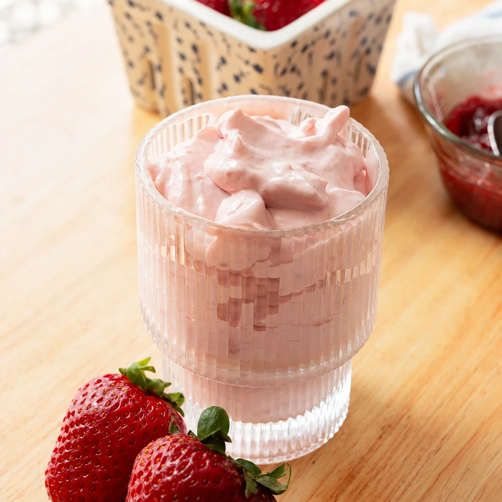 Homemade Strawberry Cold Foam topping a creamy iced coffee, Starbucks copycat recipe.