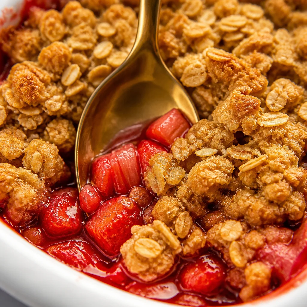 Delicious strawberry rhubarb crisp topped with crunchy oatmeal crumble in a baking dish.