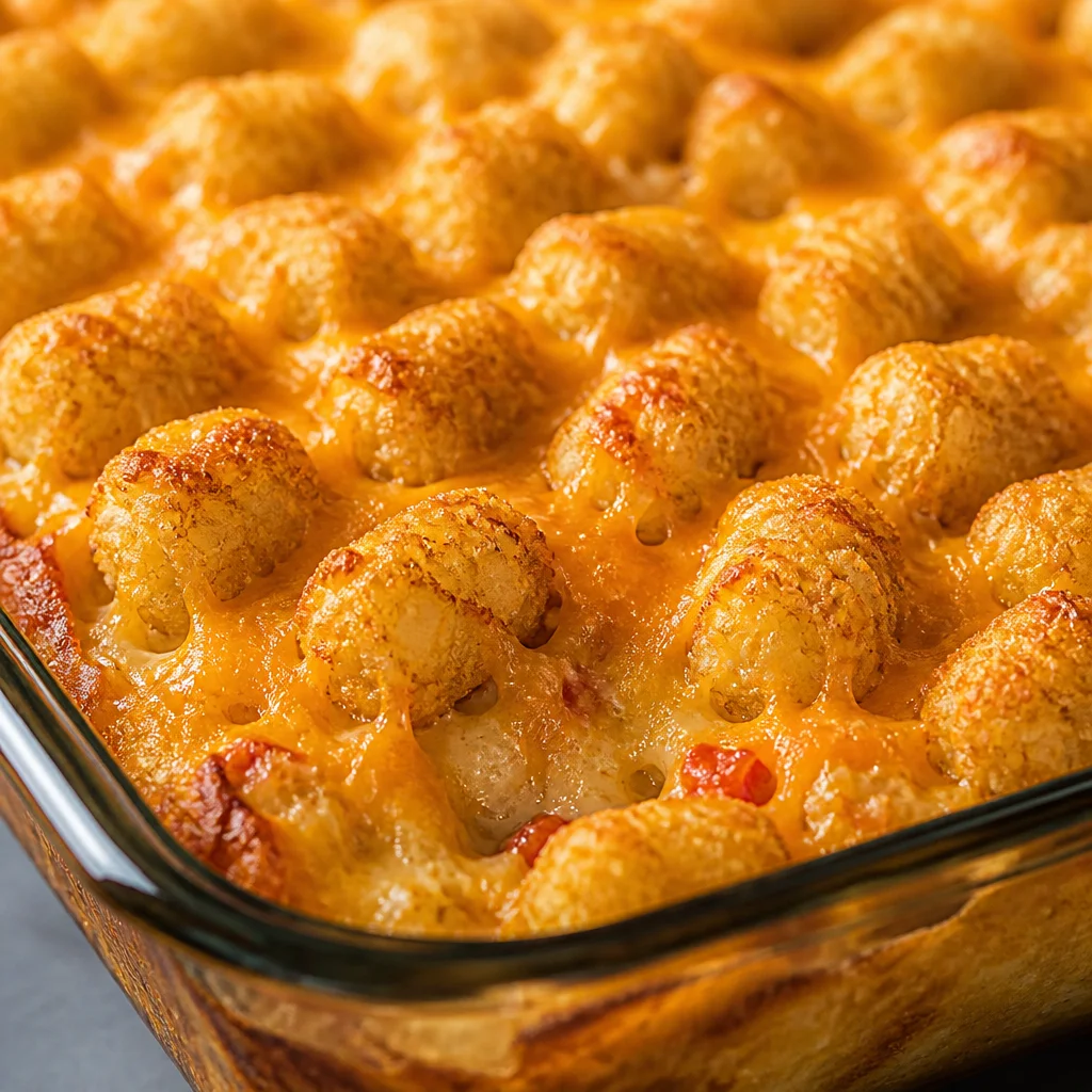 Vegetarian Tater Tot Casserole Without Meat topped with crispy tots and creamy sauce