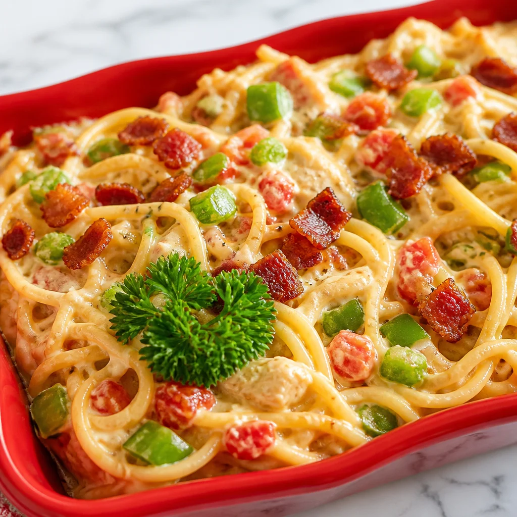 Delicious Velveeta Chicken Spaghetti Casserole with creamy cheese sauce and zesty tomatoes.