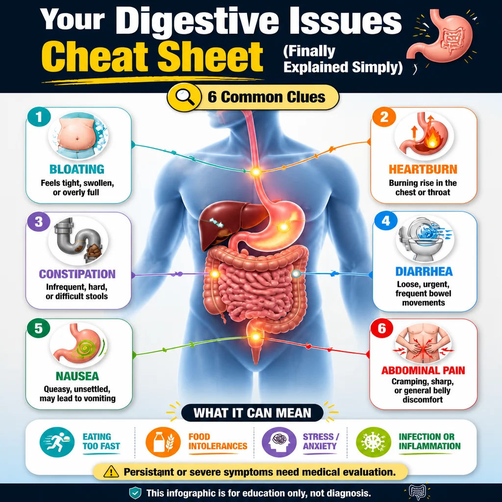Digestive issues cheat sheet for better gut health and nutrition guidance.