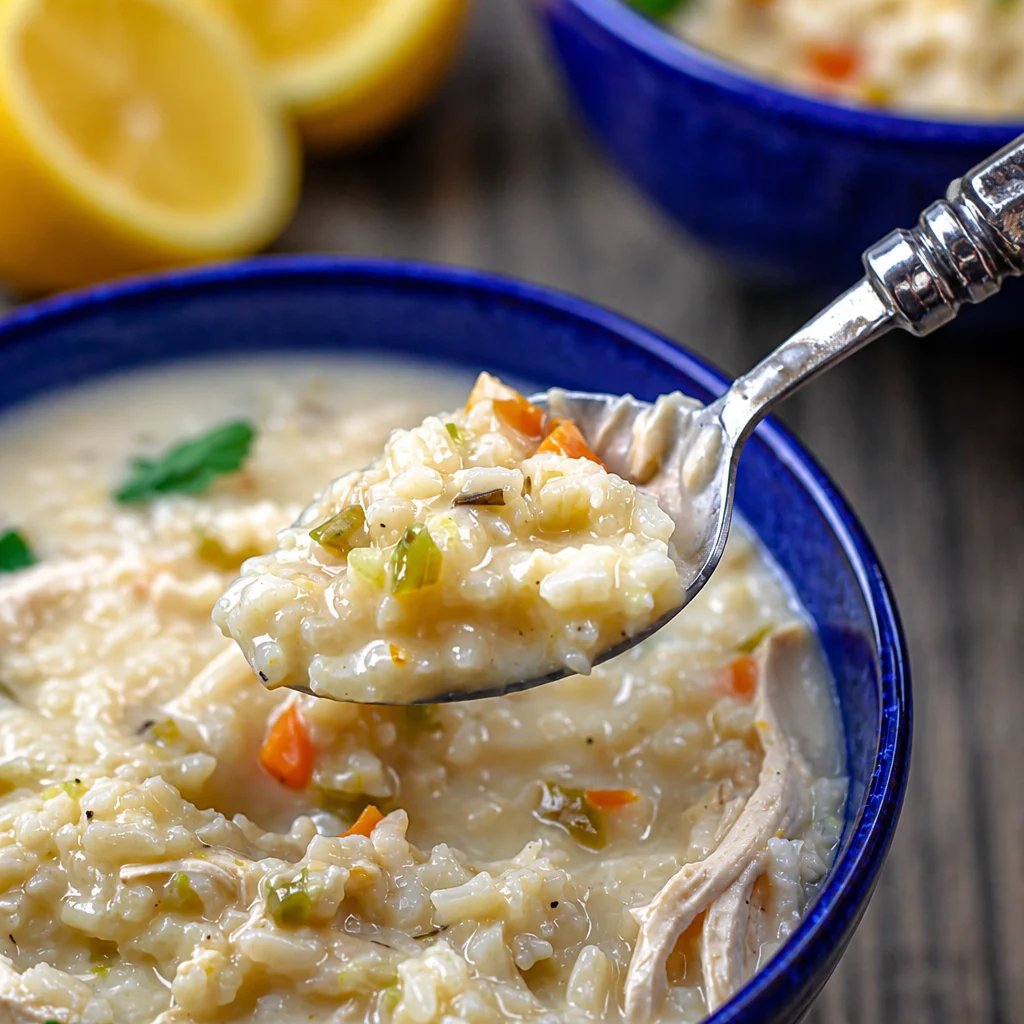 Bowl of Easy Avgolemono Soup - Greek Lemon Rice Chicken with lemon slices