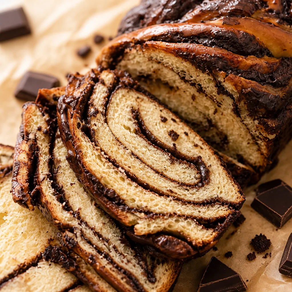 Sliced Easy Babka Bread with Chocolate Swirls on a white cutting board