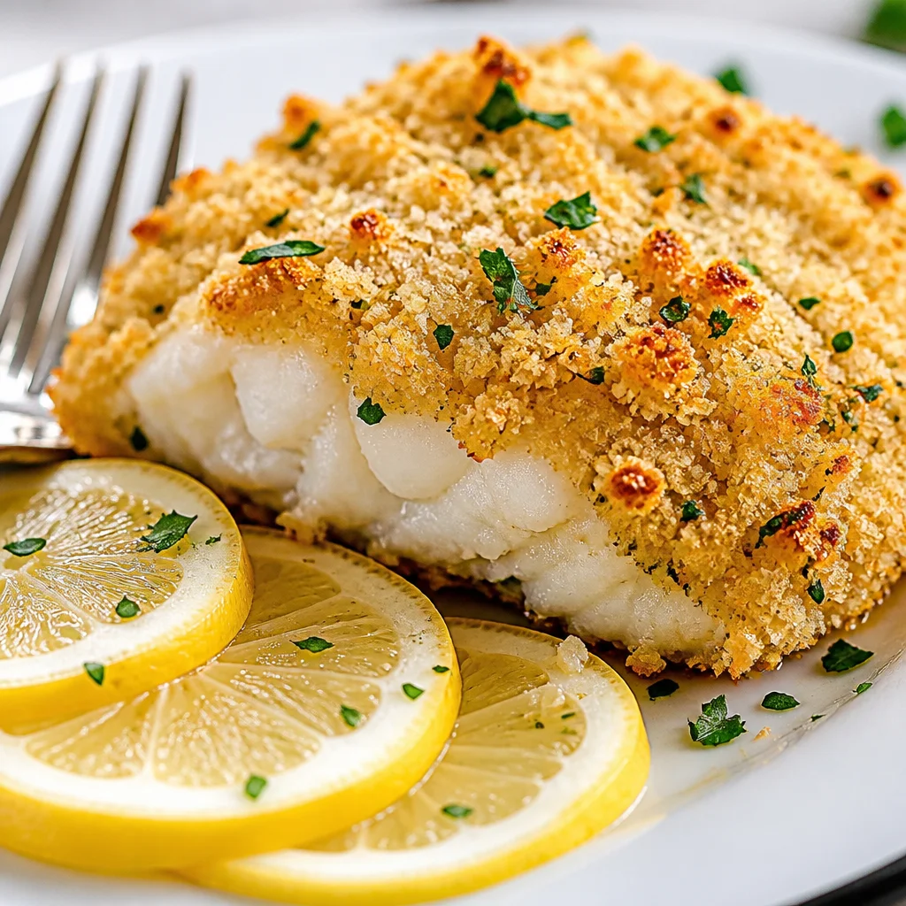 Easy Baked Cod with Lemon Herb Panko Crust on a plate garnished with herbs.