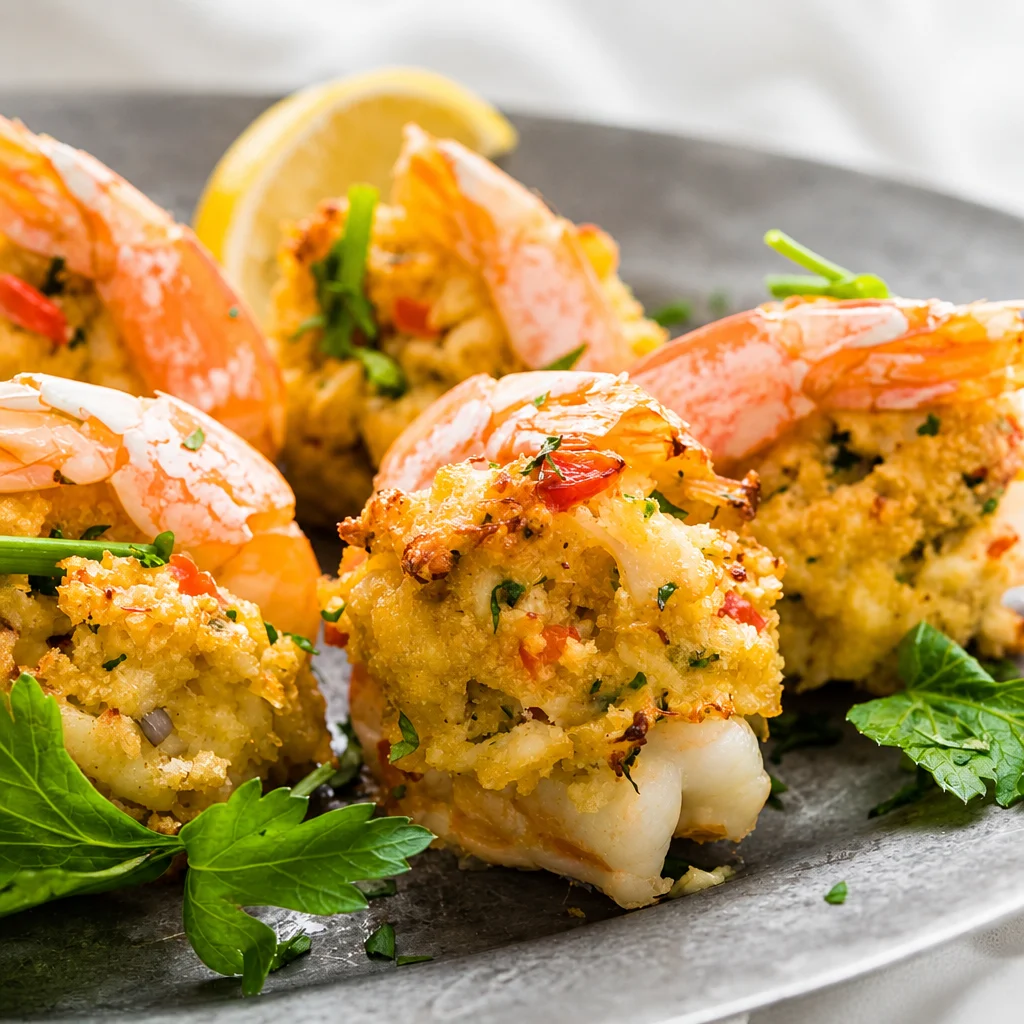 Delicious Easy Baked Stuffed Shrimp filled with crabmeat, baked to golden perfection.