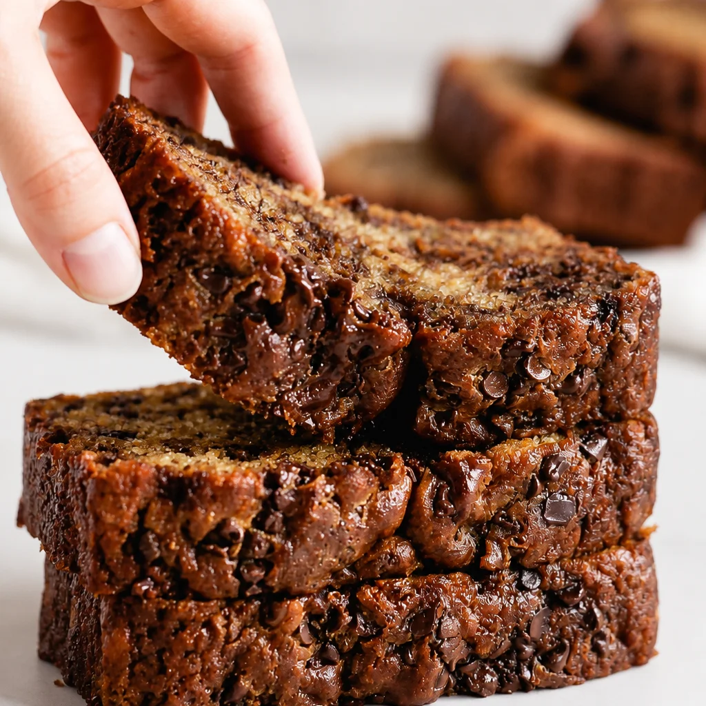 Moist banana chocolate chip bread fresh out of the oven, sliced and ready to enjoy.
