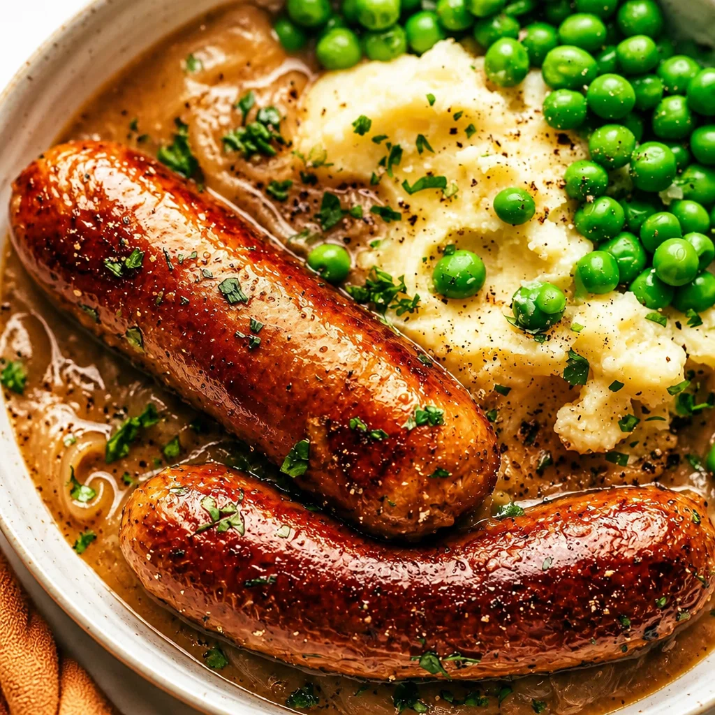 Plate of Easy Bangers and Mash featuring sausages, creamy mashed potatoes, and onion gravy.