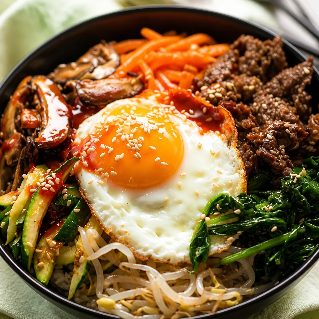 Easy Beef Bibimbap Korean rice bowl topped with seasoned vegetables and a fried egg.