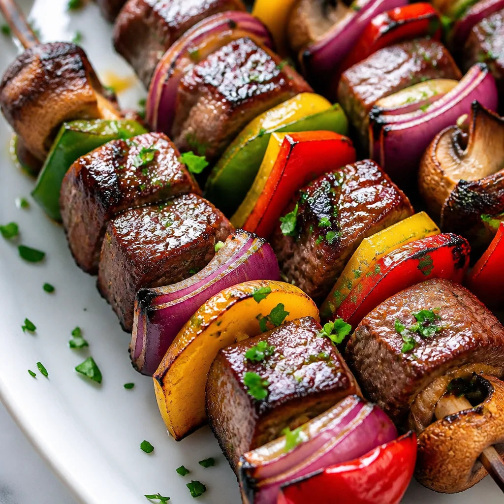 Juicy and colorful grilled marinated beef kebabs on skewers ready for serving.
