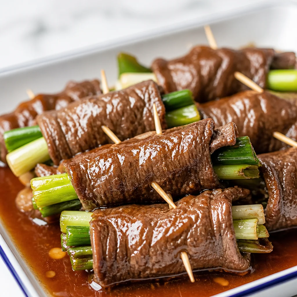Easy Beef Negimaki with scallions wrapped in grilled steak and teriyaki sauce.